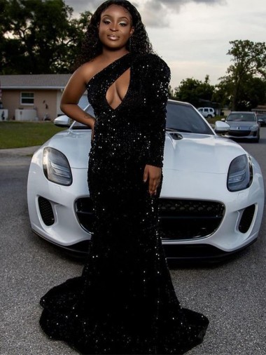 Shop One Shoulder Long Sleeves Long Sweep Train Velvet Sequin Prom Dress Montreal