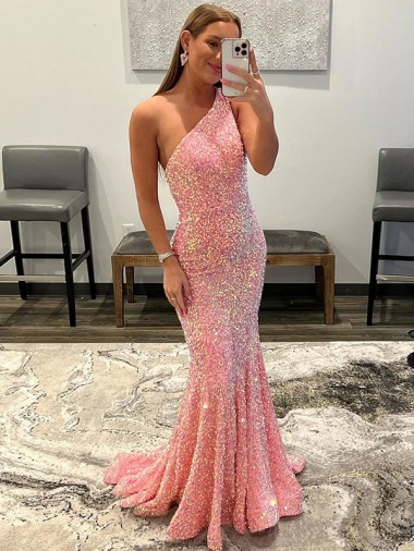 Shop Open Back One Shoulder Sleeveless Long Sweep Train Velvet Sequin Prom Dress Montreal