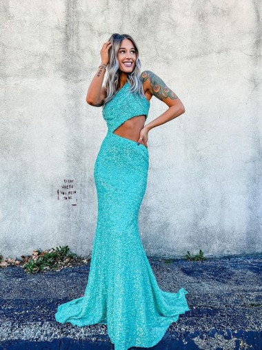 Shop Mermaid One Shoulder Sleeveless Long Sweep Train Velvet Sequin Prom Dress Montreal