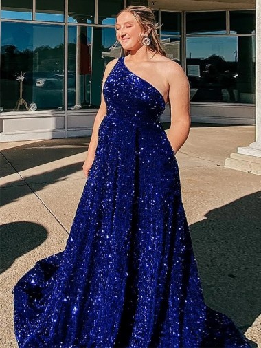 Shop A-Line One Shoulder Sleeveless Long Sweep Train Velvet Sequin Prom Dress with Pockets Montreal