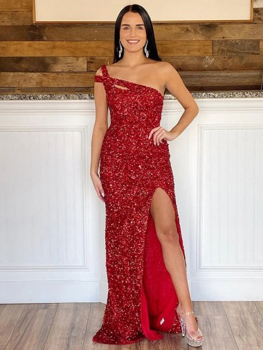 Shop One Shoulder Sleeveless Long Sweep Train Velvet Sequin Prom Dress Montreal