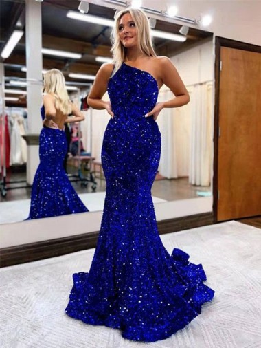 Shop Mermaid One Shoulder Open Back Long Sweep Train Velvet Sequin Prom Dress Montreal