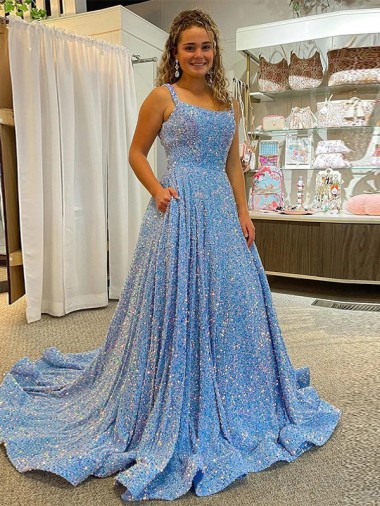 Shop A-Line Scoop Sleeveless Long Court Train Velvet Sequin Prom Dress Montreal