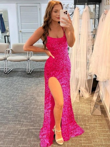 Shop Spaghetti Straps Sleeveless Long Velvet Sequin Prom Dress with Slit and Criss Cross Open Back Montreal