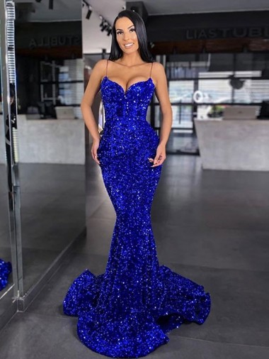 Shop Mermaid Spaghetti Straps Sleeveless Long Sweep Train Velvet Sequin Prom Dress Montreal