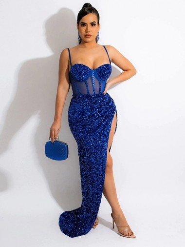 Shop Long Sweep Train Spaghetti Straps Sleeveless Velvet Sequin Prom Dress with Slit Montreal