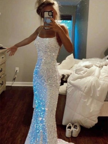Shop Long Spaghetti Straps Sleeveless Sweep Train Velvet Sequin Prom Dress Montreal
