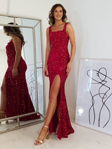 Shop Square Neck Sleeveless Long Velvet Sequin Prom Dress with Slit Montreal