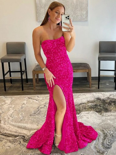 Shop Strapless Sleeveless Long Sweep Train Velvet Sequin Prom Dress with Side Slit Montreal