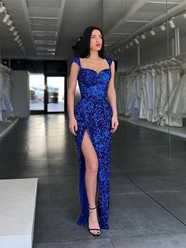 Shop Sleeveless Long Sweep Train Velvet Sequin Prom Dress with High Slit and Straps Montreal