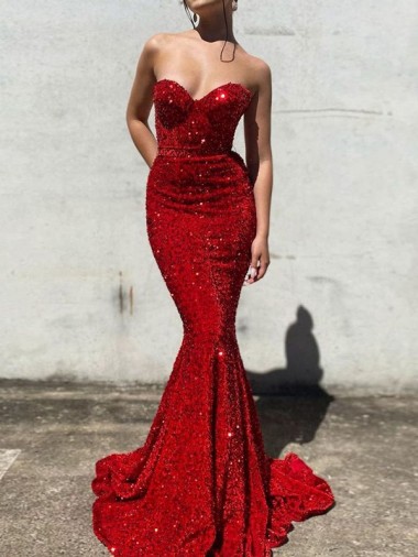 Shop Mermaid Sweetheart Sleeveless Long Court Train Velvet Sequin Prom Dress Montreal