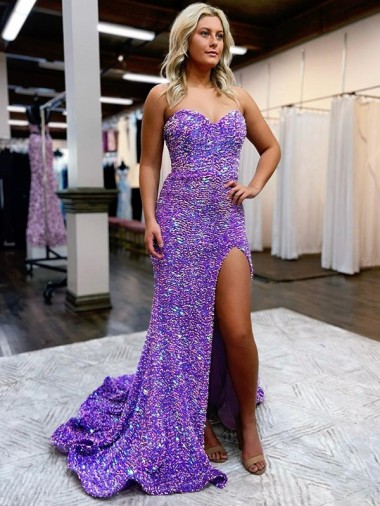 Shop A-Line Sweetheart Sleeveless Long Velvet Sequin Prom Dress with Slit Montreal