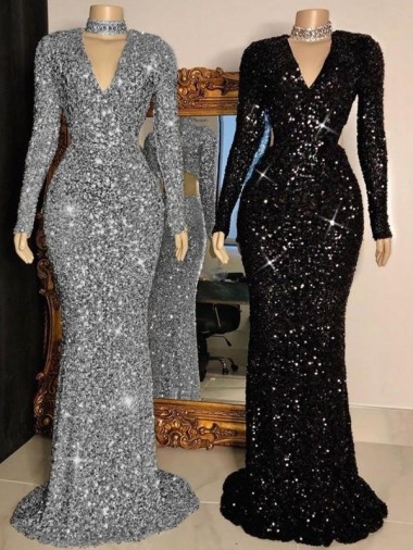 Shop V-Neck Long Sleeves Long Sweep Train Velvet Sequin Prom Dress Montreal