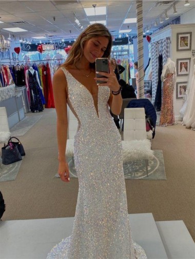 Shop V-Neck Sleeveless Long Velvet Sequin Prom Dress with Sweep Train Montreal