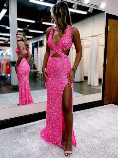 Shop Long V-Neck Sleeveless Sweep Train Velvet Sequin Prom Dress with High Slit Montreal