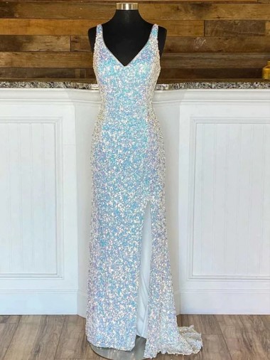 Shop V-Neck Sleeveless Long Sweep Train Velvet Sequin Prom Dress Montreal