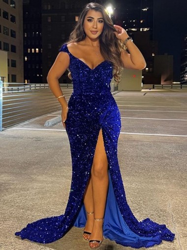 Shop V-Neck Sleeveless Long Sweep Train Velvet Sequin Prom Dress with Slit Montreal