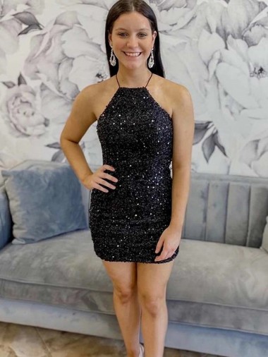 Shop Halter Sleeveless Short Velvet Sequin Prom Dress Montreal