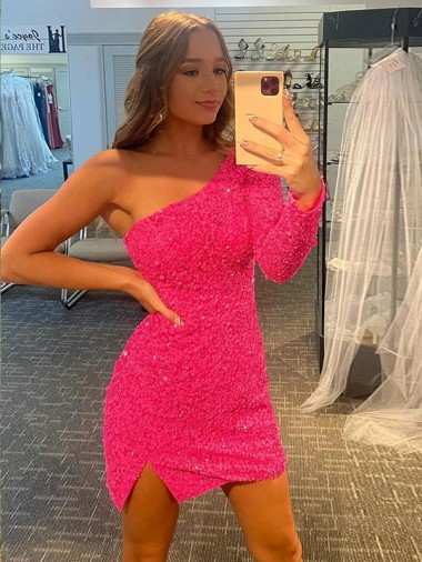 Shop Short Velvet Sequin One Shoulder Long Sleeves Prom Dress Montreal