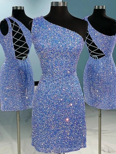Shop Short Velvet Sequin One Shoulder Sleeveless Prom Dress Montreal