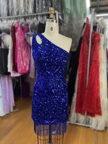 Shop One Shoulder Keyhole Sleeveless Short Velvet Sequin Prom Dress Montreal