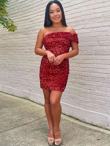 Shop Short One Shoulder Sleeveless Velvet Sequin Cocktail Prom Dress Montreal