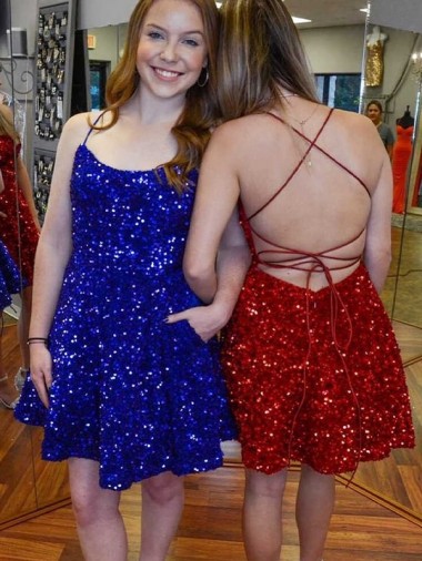 Shop A-Line Spaghetti Straps Sleeveless Short Velvet Sequin Prom Dress Montreal