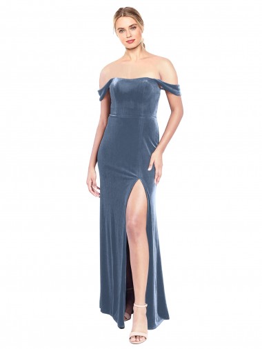 Shop Draped Sleeves Wide Scoop Neck Off the Shoulder Velvet Bridesmaid Dress / Prom Dress Montreal