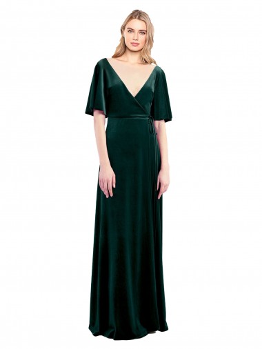 Shop Deep V-Neck Flutter Sleeves Long Velvet Wrap Bridesmaid Dress / Prom Dress Montreal