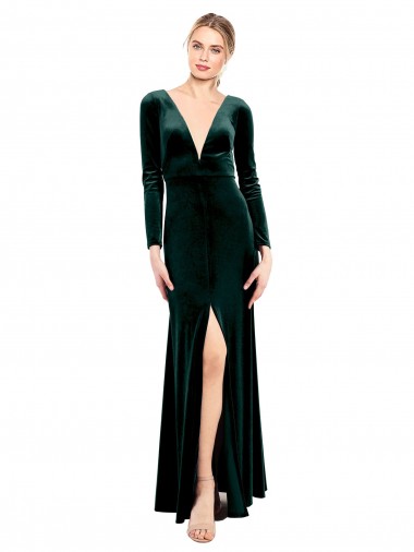 Shop Plunging V-Neckline Long Sleeves Open Back Velvet Bridesmaid Dress / Prom Dress Montreal
