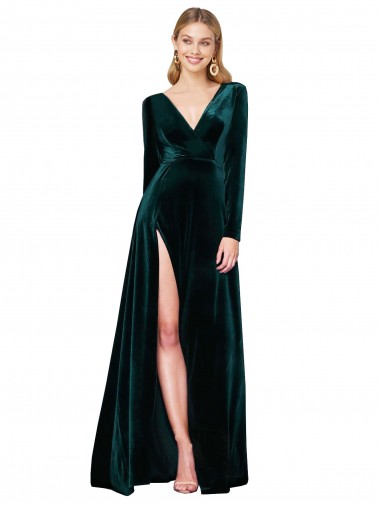 Shop Deep V-Neck Long Sleeves Formal Velvet Bridesmaid Dress / Prom Dress with High Side Split Montreal