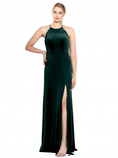 Shop Long Jewel Neck Full Length Velvet Bridesmaid Dress / Prom Dress with Side Slit Montreal
