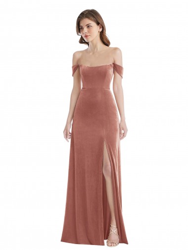 Shop Off the Shoulder Flounce Sleeve Velvet Maxi Bridesmaid Dress / Prom Dress with Pockets Montreal