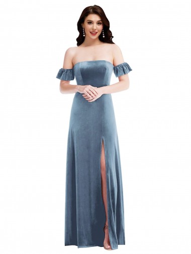 Shop Ruffle Sleeve Off the Shoulder Velvet Maxi Bridesmaid Dress / Prom Dress Montreal