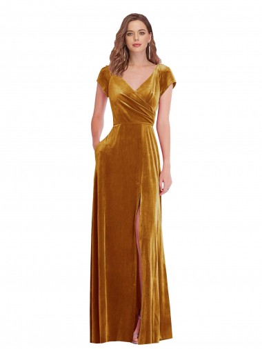 Shop Cap Sleeve Faux Wrap Formal Velvet Maxi Bridesmaid Dress / Prom Dress with Pockets Montreal