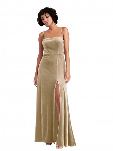 Shop Square Neck Formal Velvet Maxi Bridesmaid Dress / Prom Dress with Front Slit & Pockets Montreal