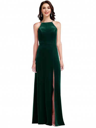 Shop Velvet Halter Maxi Bridesmaid Dress / Prom Dress with Pockets & Front Slit Montreal
