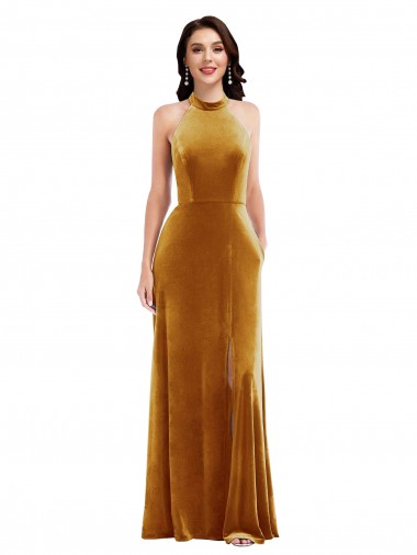 Shop High-Neck Halter Velvet Maxi Bridesmaid Dress / Prom Dress with Front Slit Montreal