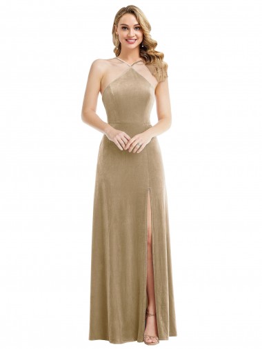 Shop High Neck Halter Open Back Long Velvet Maxi Bridesmaid Dress / Prom Dress & Pockets Montreal