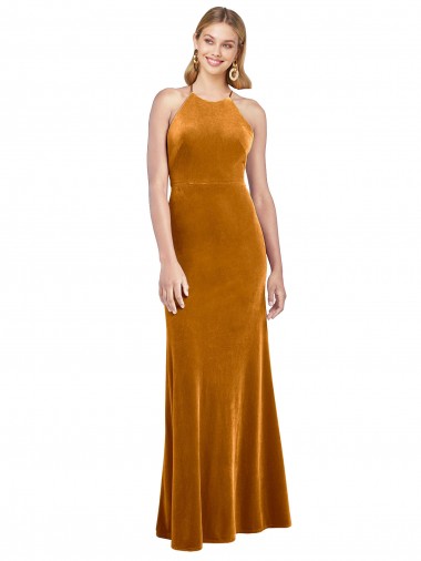 Shop Halter Neckline Long Full Length Formal Velvet Bridesmaid Dress / Prom Dress with Strappy Back Montreal