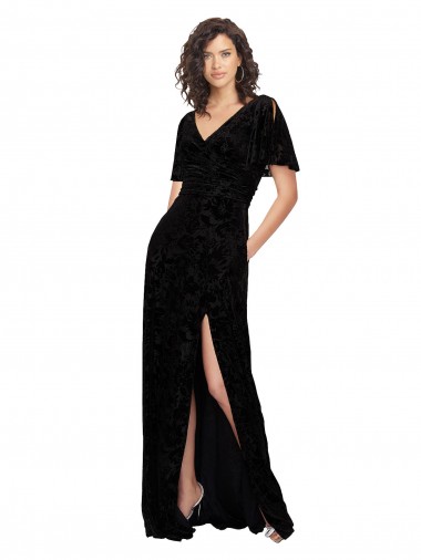 Shop Split Sleeves V-Neck Floral Velvet Bridesmaid Dress with Front Slit Montreal