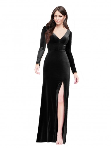 Shop Long Sleeves Formal Velvet Bridesmaid Dress / Prom Dress with V-Neckline and Thigh Slit Montreal