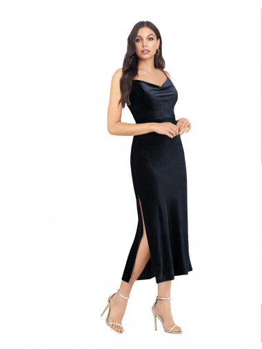 Shop Midi Cocktail Length Formal Velvet Bridesmaid Dress / Prom Dress with Cowl Neck and Spaghetti Straps Montreal