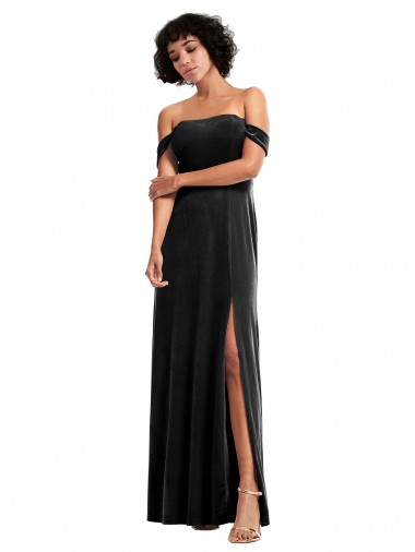 Shop Off the Shoulder Drapped Sleeves Formal Stretch Velvet Bridesmaid Dress / Prom Dress Montreal