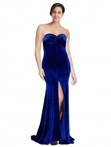 Shop Strapless Ruched Formal Velvet Bridesmaid Dress / Prom Dress with Sweep Train and Front Slit Montreal