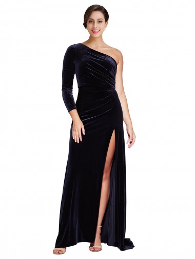 Shop One Sleeve Long Formal Velvet Bridesmaid Dress / Prom Dress with Thigh High Split Montreal