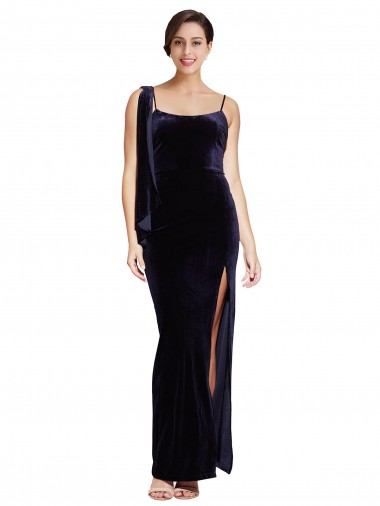Shop Long Formal Velvet Bridesmaid Dress / Prom Dress with Side Thigh Split and Shoulder Tie Montreal