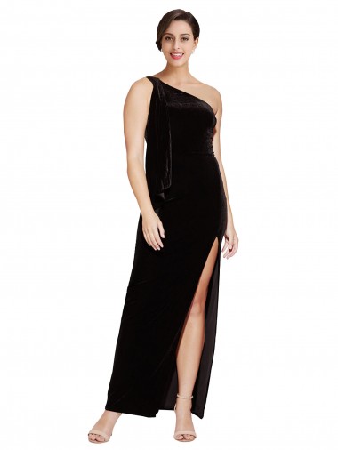 Shop One Shoulder Long Formal Velvet Bridesmaid Dress / Prom Dress with Side Split and Shoulder Tie Montreal