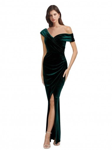 Shop Long Asymmetric Neckline Ruched Formal Velvet Bridesmaid Dress / Prom Dress Montreal