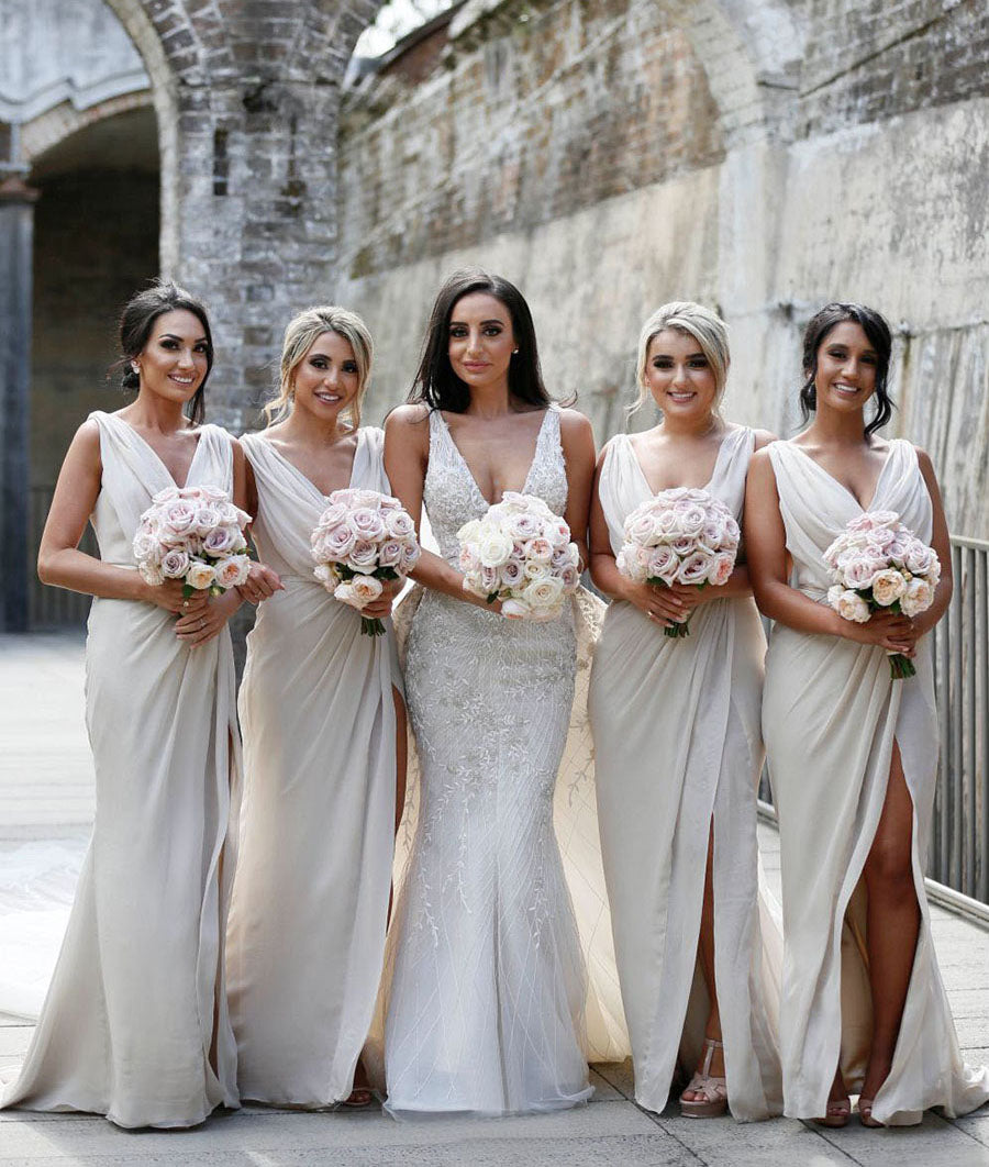 Full Length Luxe Chiffon Long Champagne bridesmaid dresses Montreal with Sexy High Slit and Front Ruffles